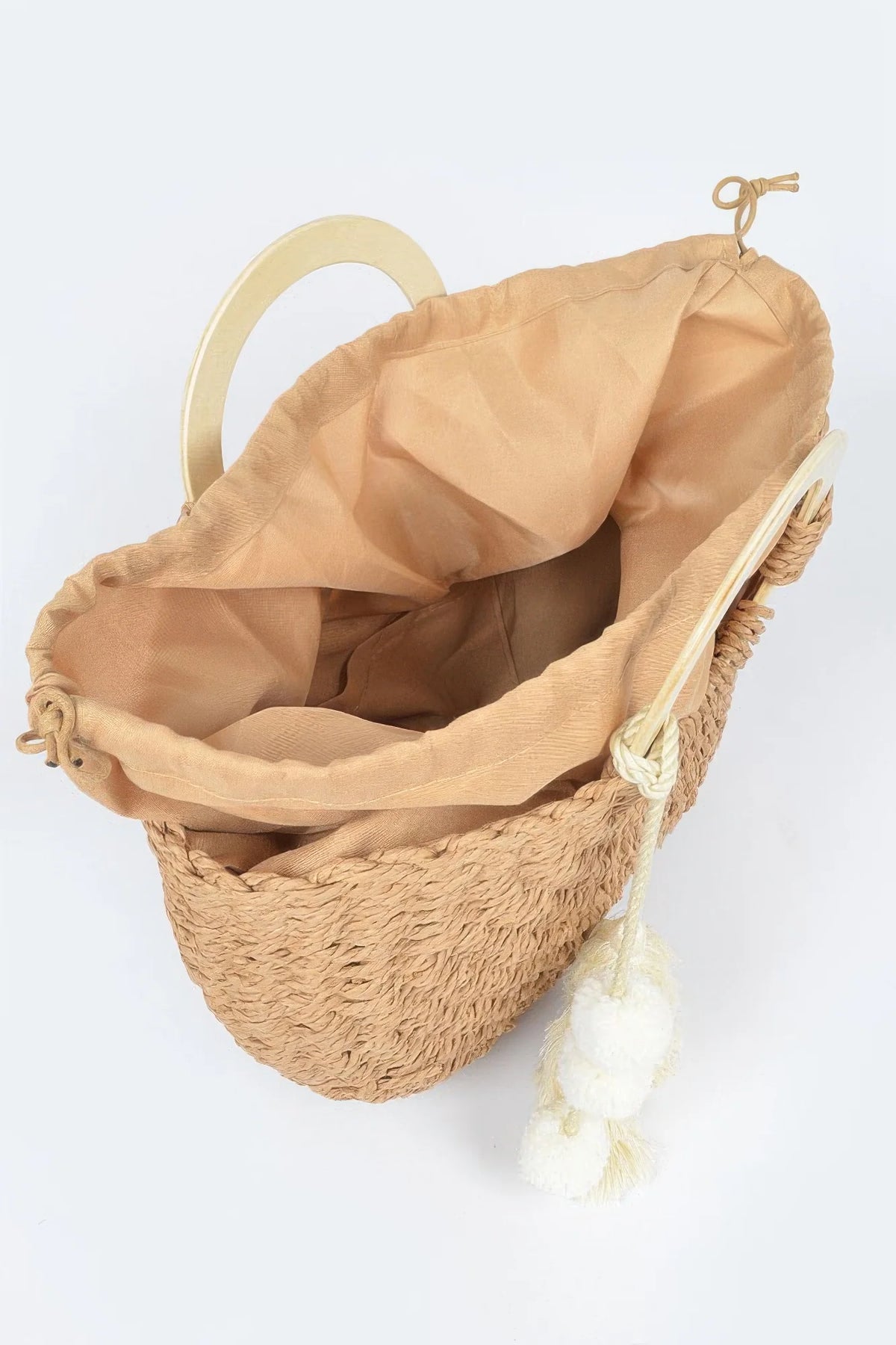 Woven Wood Handle Tote Bag with Tassels, Khaki – image 5