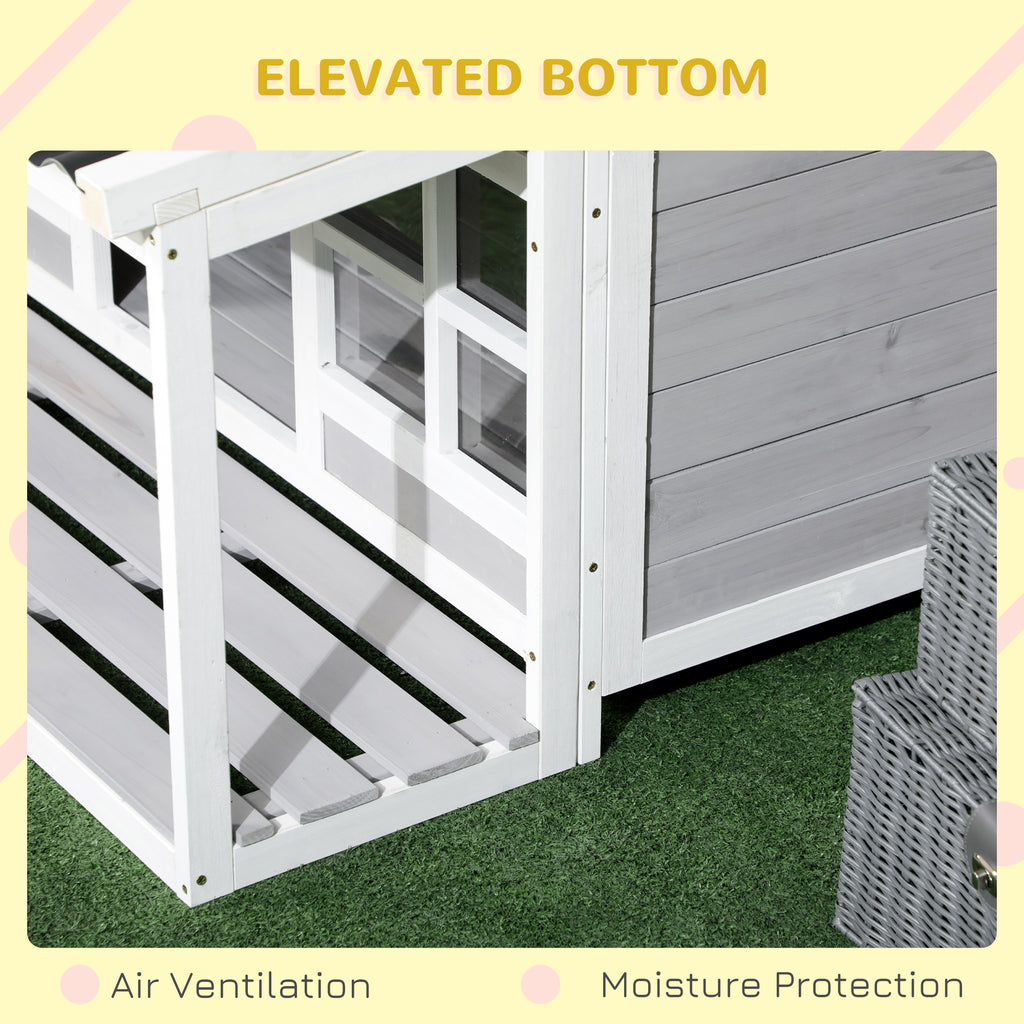 Wooden Dog House with Porch, Dog House Outdoor with Tilt Roof, Front Door, Windows for Medium Large Sized Dog