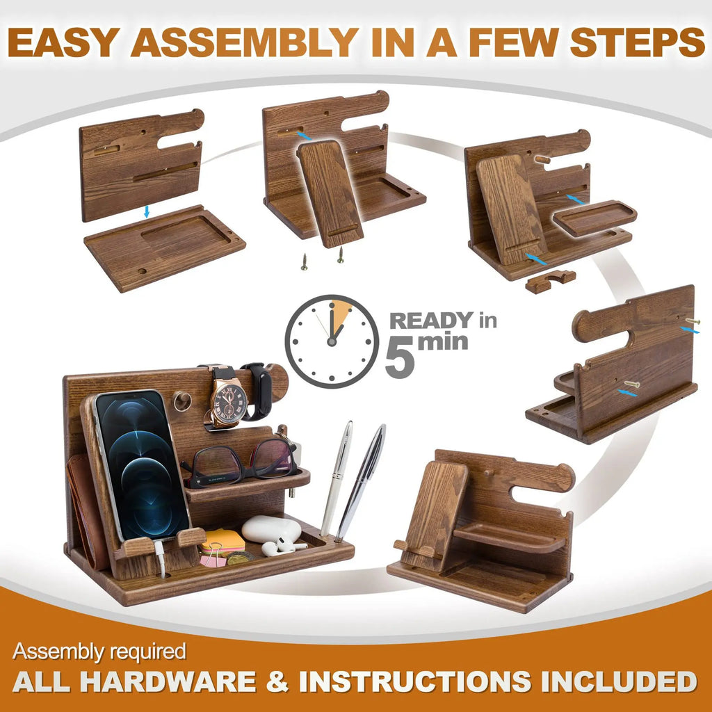 Phone Docking Station, Wooden Desk Organizer with Drawer – image 4
