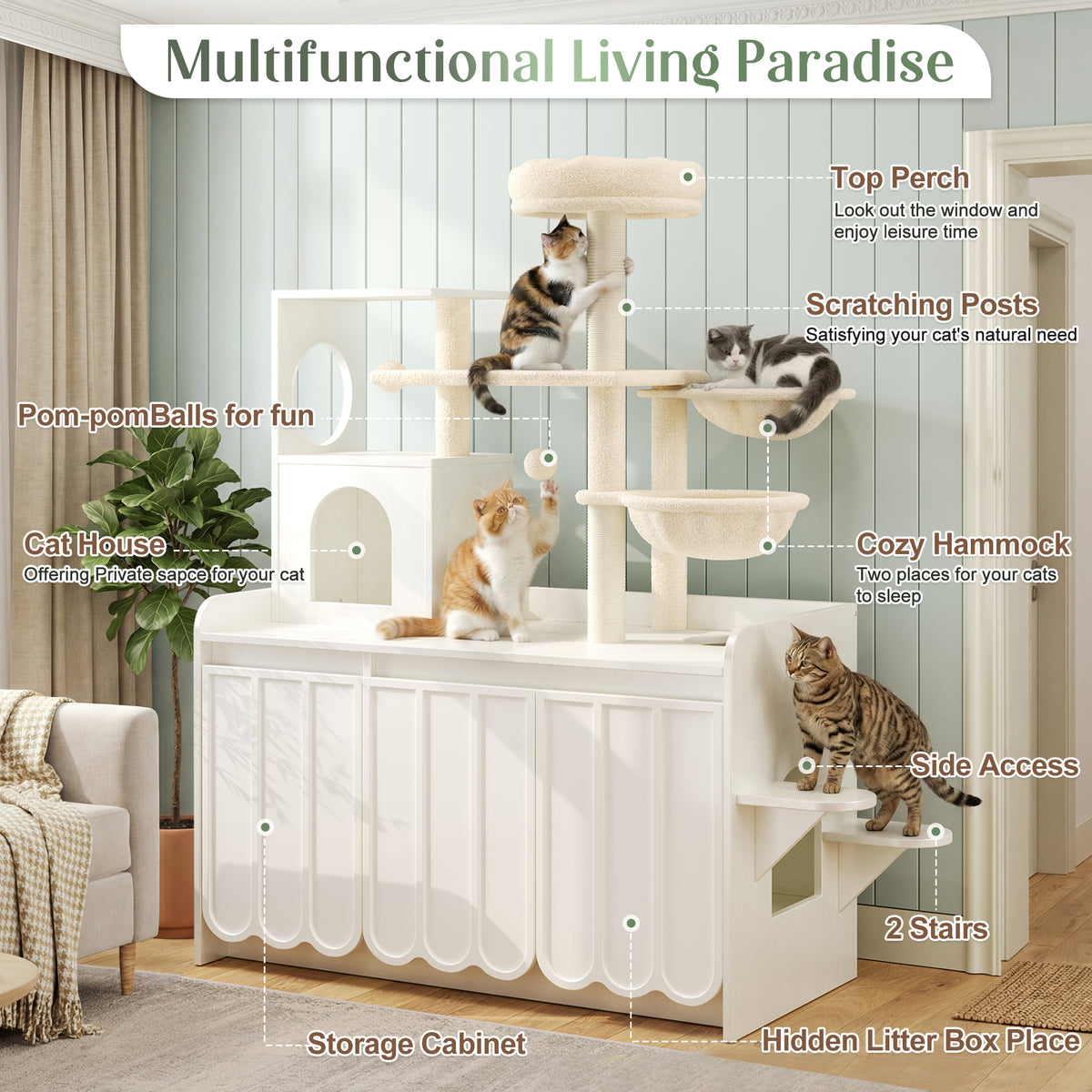 Cat Tree with Litter Box Enclosure, All-in-One Cat Condo, White – image 4