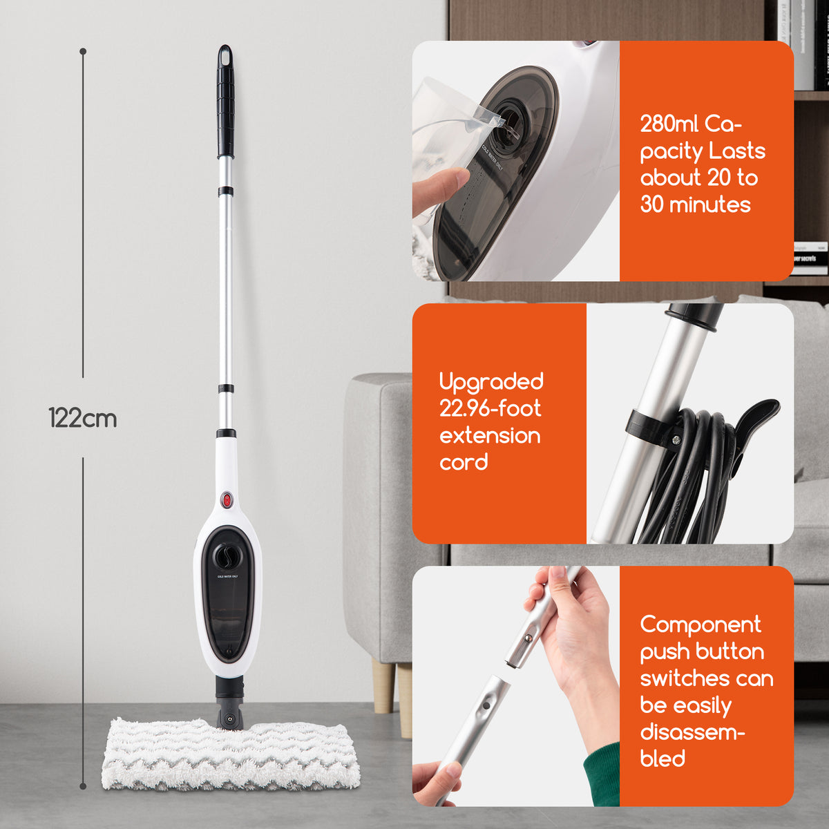 Steam Mop with 8 Attachments, 1200W Double-Sided Floor Steamer – image 11