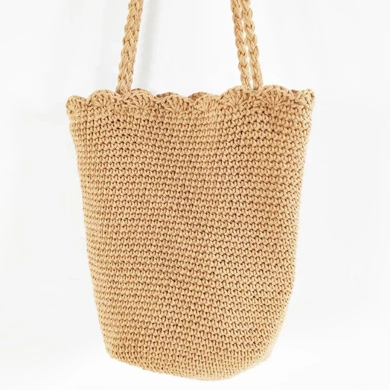 Scalloped Knit Tote Bag – Braided Strap Drawstring Tote – image 3