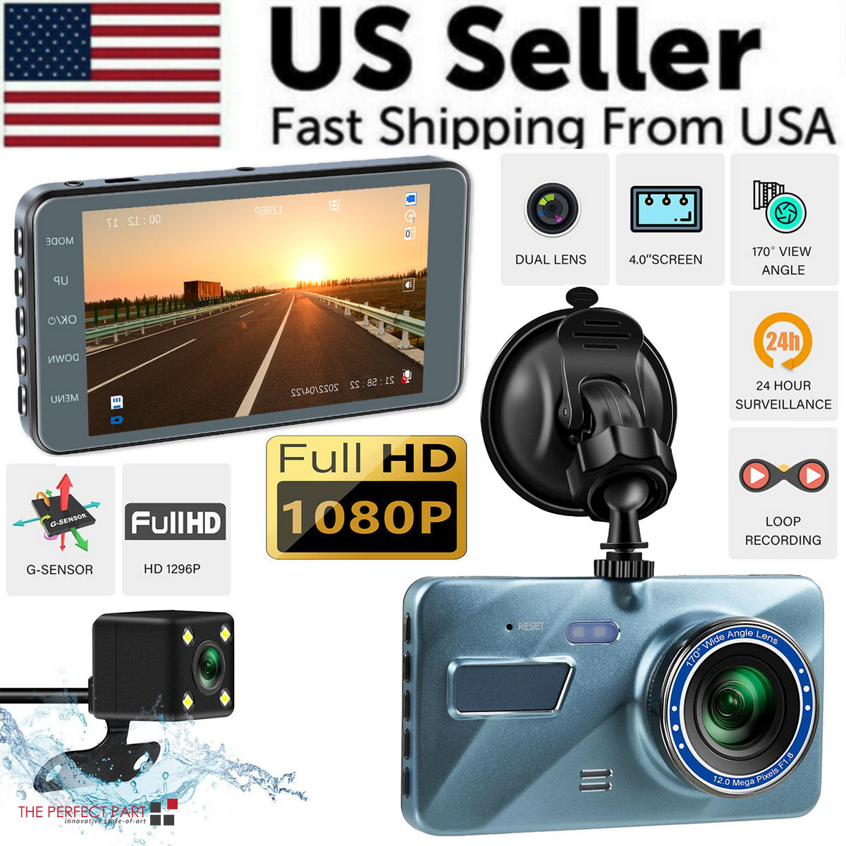 Dash Cam Front and Rear – 4 in Screen, 1296P, Night Vision, G-Sensor