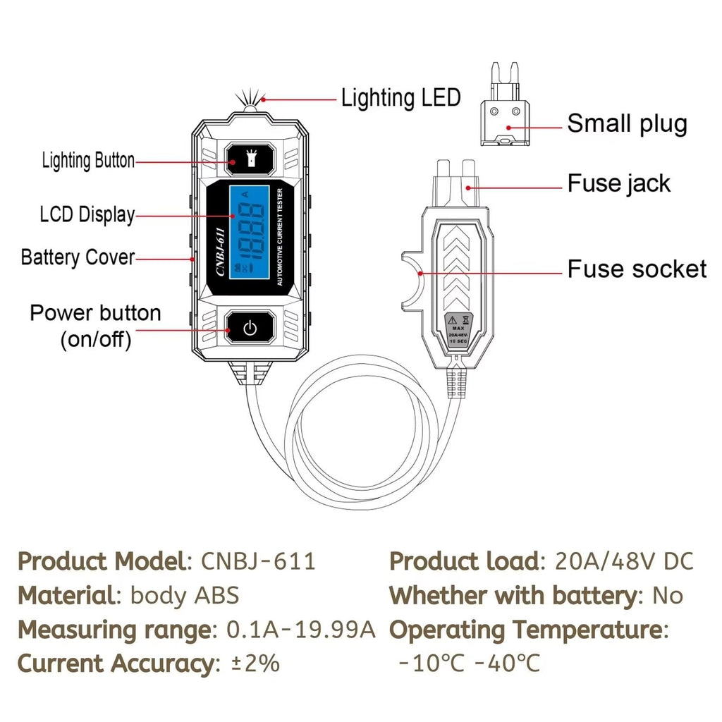 Automotive Fuse Current Tester 12V, 0.01-19.99A Parasitic Draw Meter – image 5