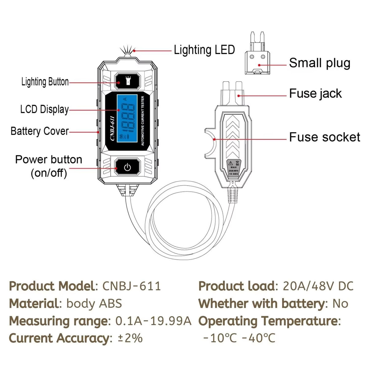 Automotive Fuse Current Tester 12V, 0.01-19.99A Parasitic Draw Meter – image 5