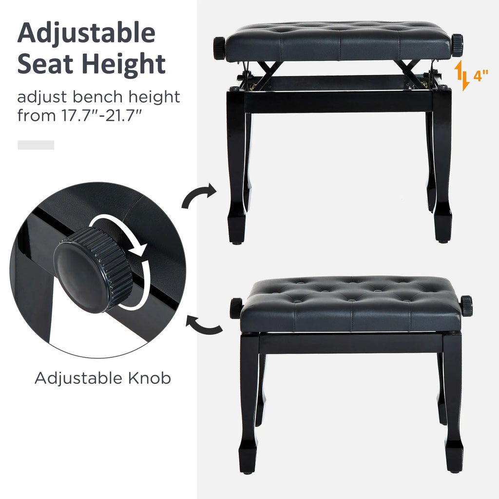 Adjustable Height Piano Bench with Tufted Cushion and Storage, Black – image 4