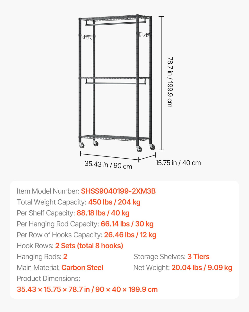 Rolling Clothes Rack with 3 Adjustable Shelves and Hooks – image 3