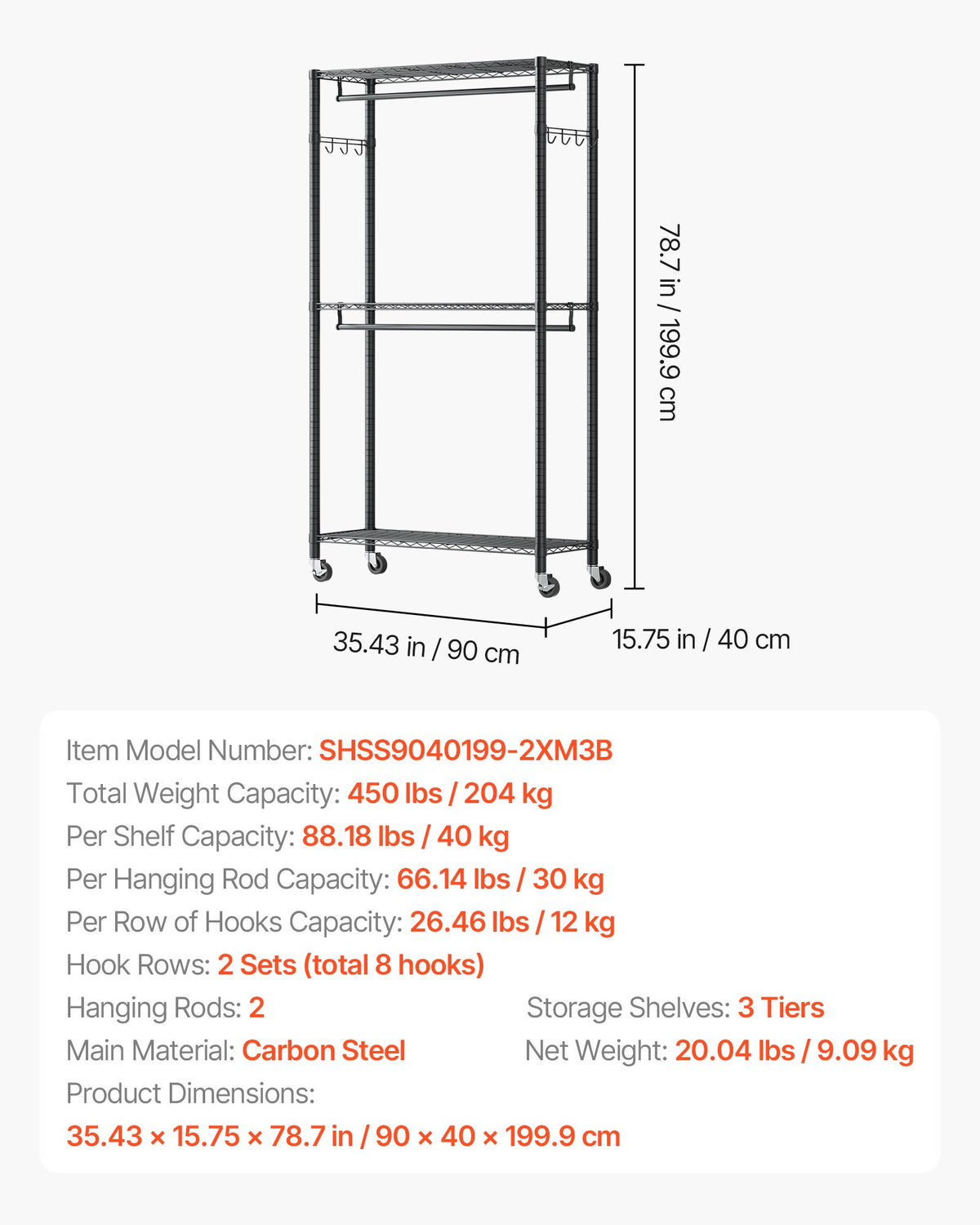 Rolling Clothes Rack with 3 Adjustable Shelves and Hooks – image 3