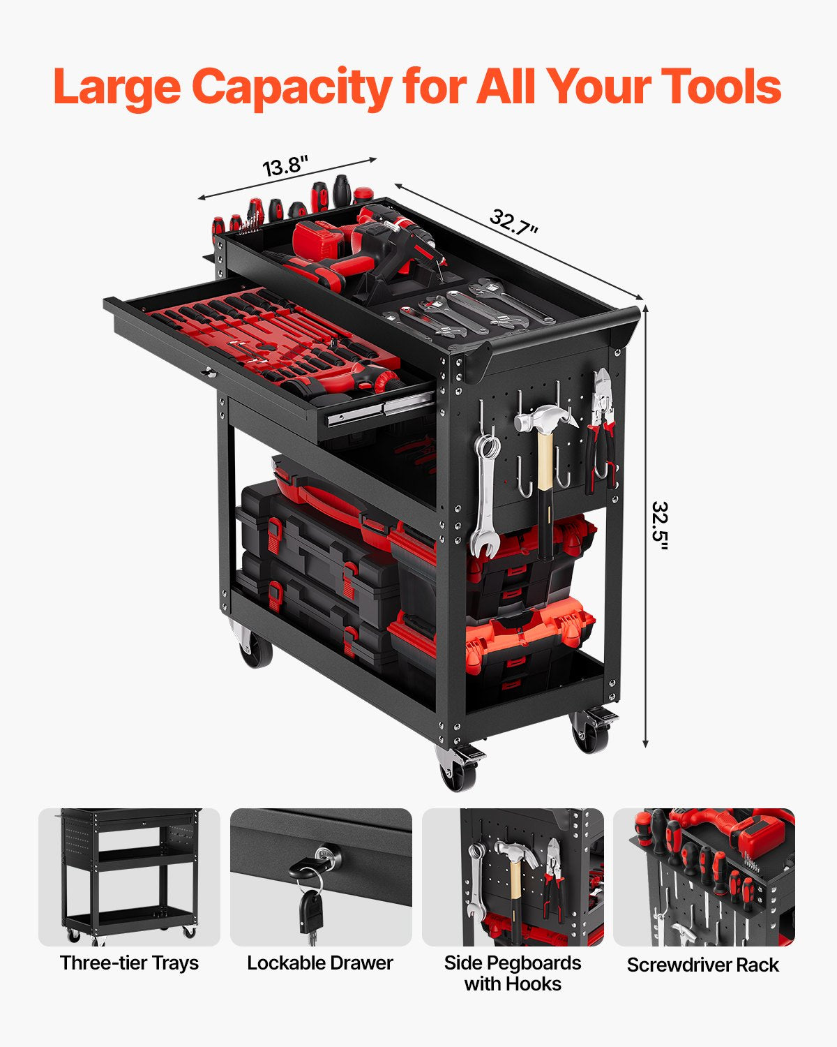 Rolling Tool Cart 4-Tier 350 lb with Lockable Drawer – image 2