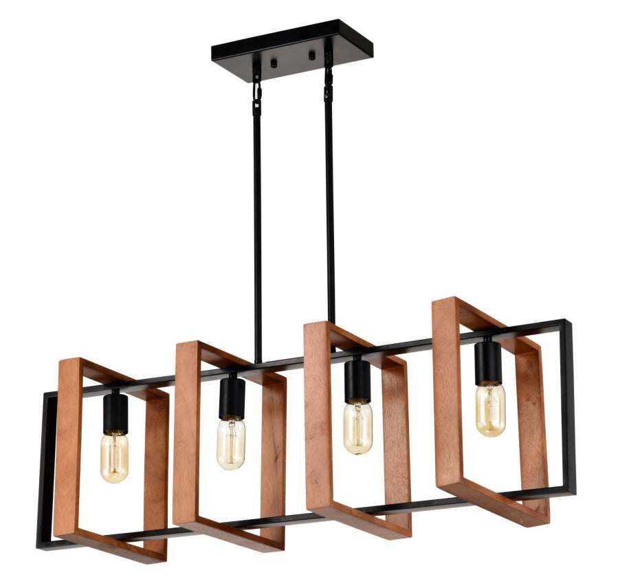 4-Light Farmhouse Kitchen Island Pendant Wood and Black 36 In