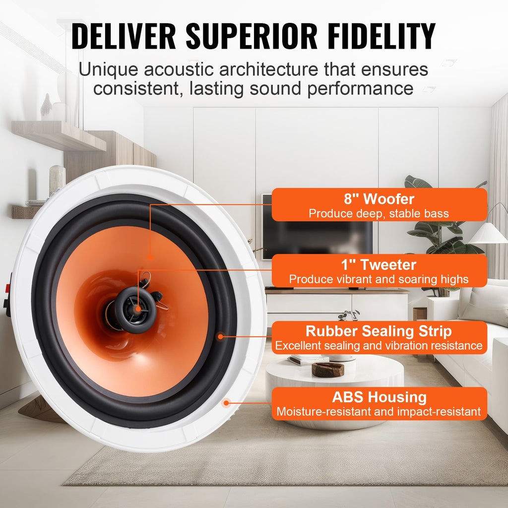 8 Inch In-Ceiling Speakers 4 Pack, 100W 2-Way Flush Mount, White – image 4