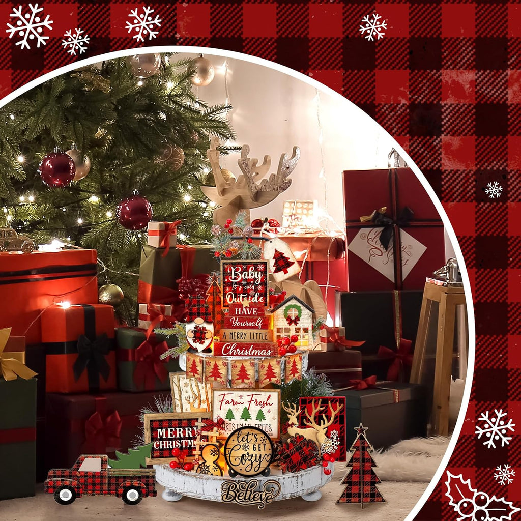 Christmas Tiered Tray Decor, Rustic Buffalo Plaid Wood, 24 Pack – image 5