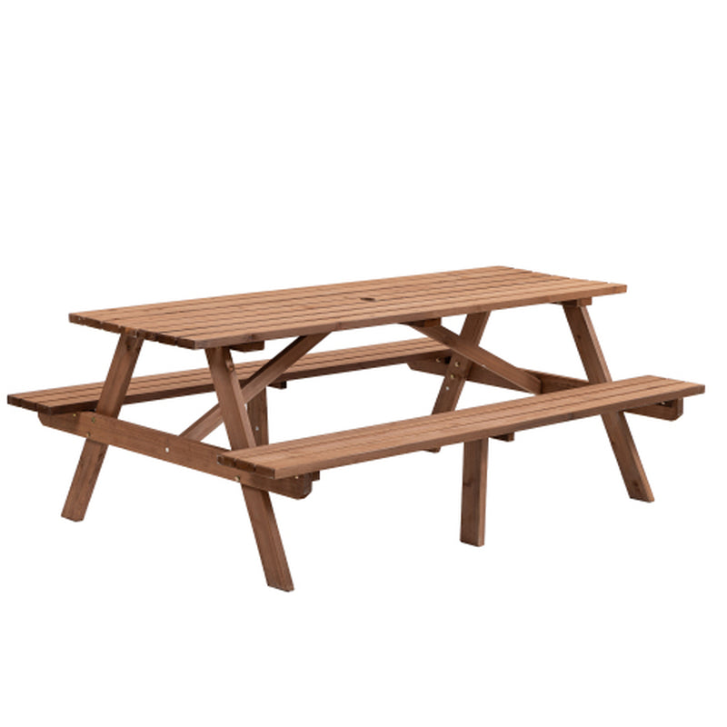 Wooden Picnic Table 75 in with 2 Built-In Benches, Umbrella Hole – image 3