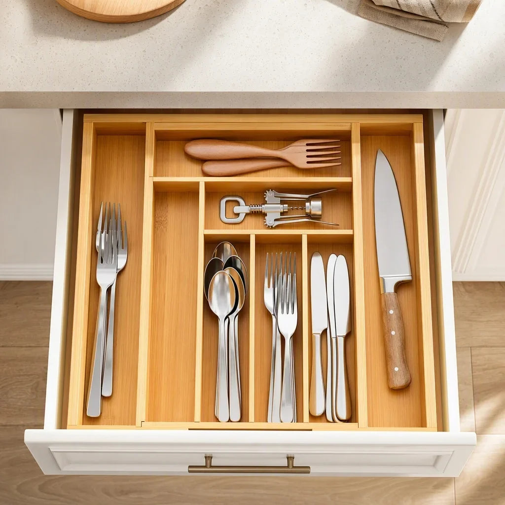 Bamboo Drawer Organizer, Expandable 6-8 Compartment Utensil Tray