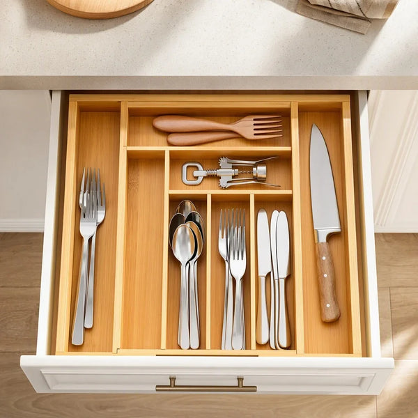 Bamboo Drawer Organizer, Expandable 6-8 Compartment Utensil Tray
