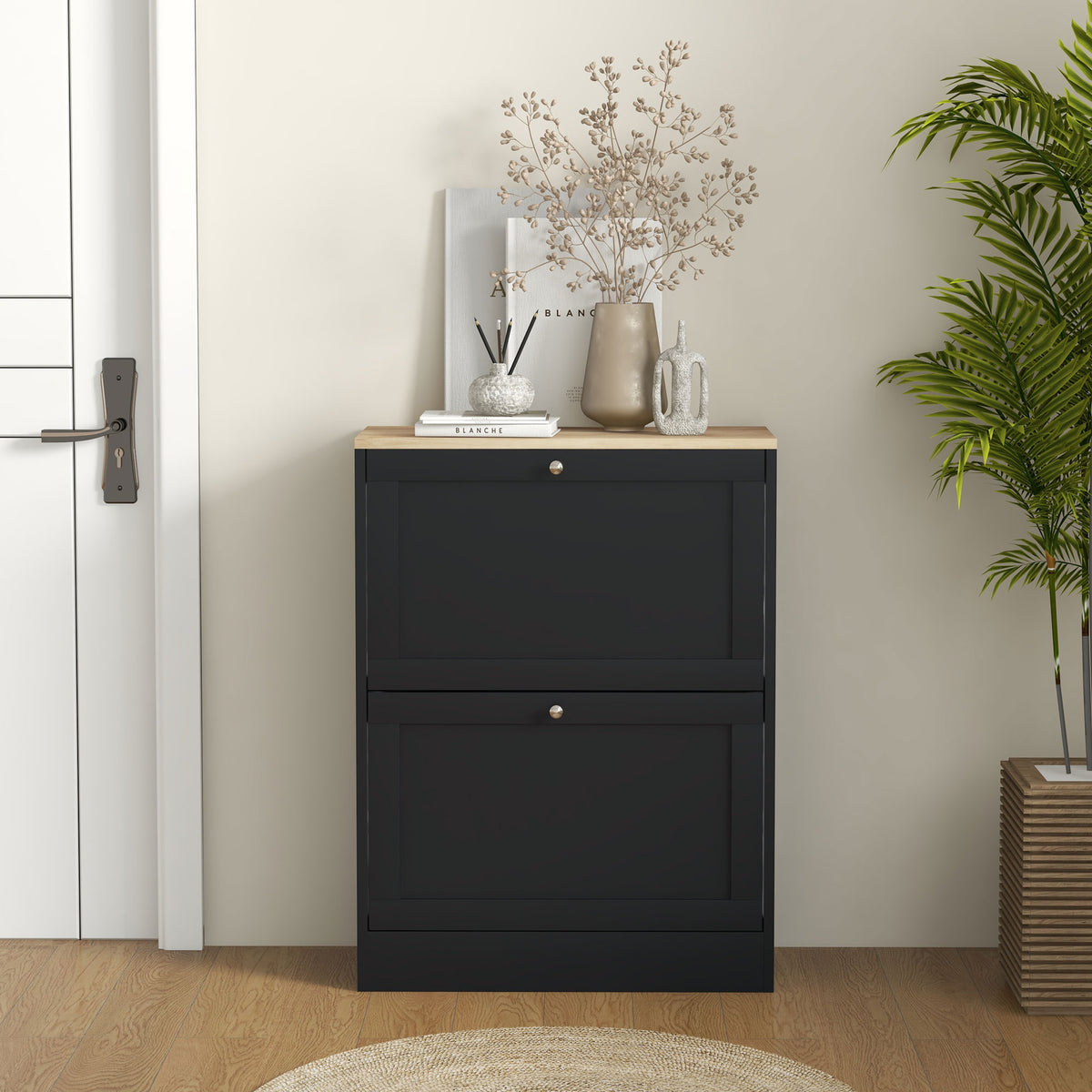 Slim Shoe Cabinet with 2 Flip Drawers for 8-12 Pairs, Black – image 8