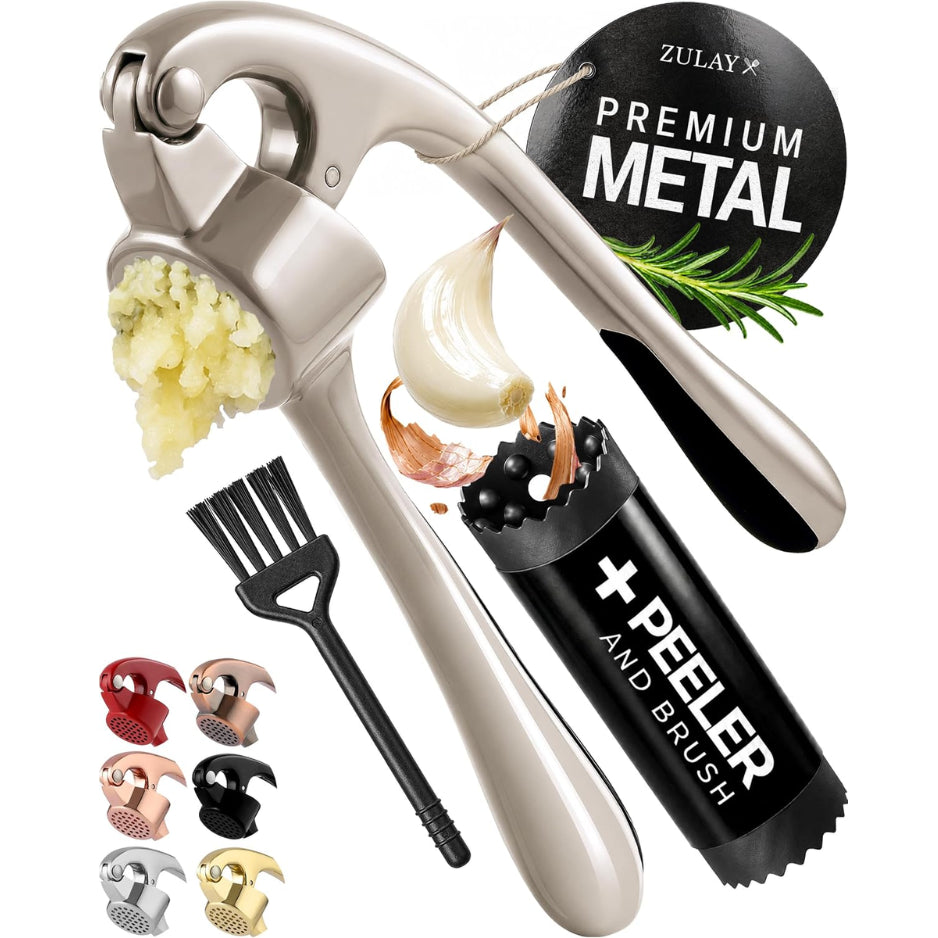 Garlic Press Set with Silicone Peeler and Cleaning Brush