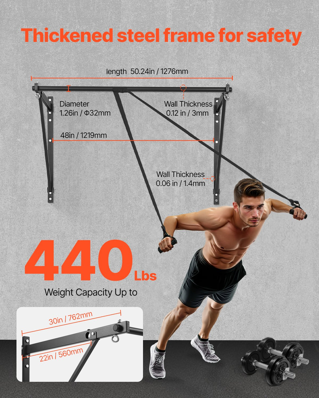 Wall Mounted Pull Up Bar 50 in, 440 lb Capacity Steel Chin Up Bar – image 2