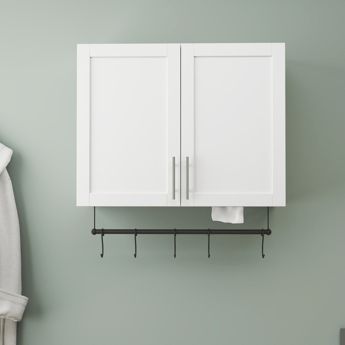 Bathroom Wall Cabinet with Towel Bar, Adjustable Shelf and 5 Hooks – image 4