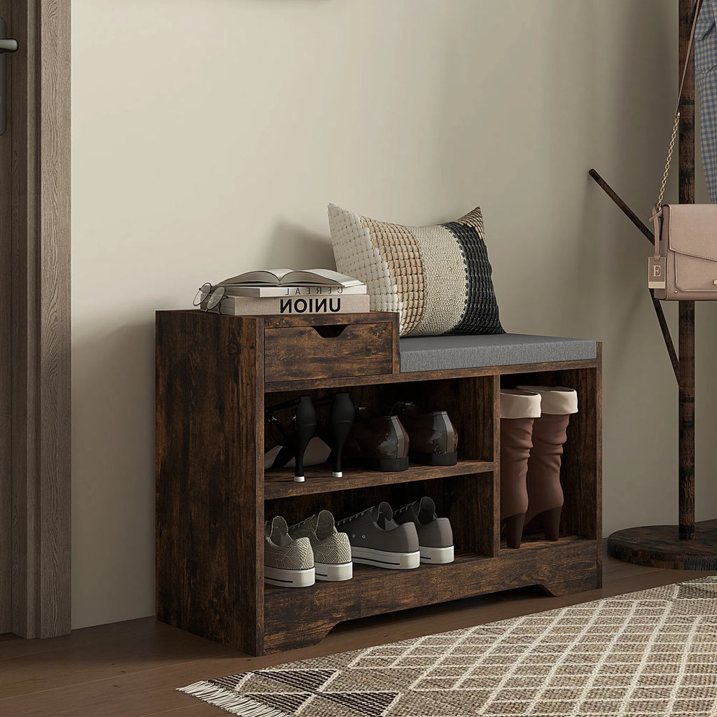 Shoe Storage Bench with Padded Seat, Drawer and 3 Shelves, Brown – image 7