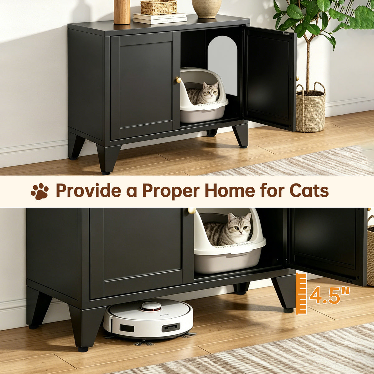 Cat Litter Box Enclosure, Metal Hidden Litter Box Side Table, Black – image 5