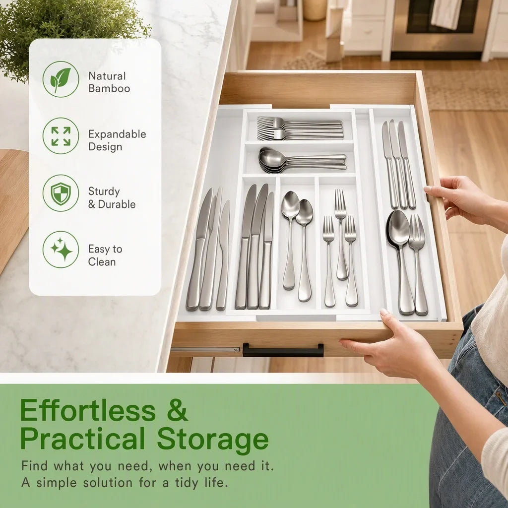 Bamboo Drawer Organizer, Expandable 6-8 Compartment Utensil Tray – image 4