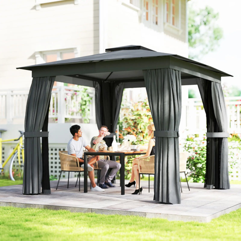 10x10 ft Steel Patio Gazebo with Double Roof, Curtains and Netting – image 2