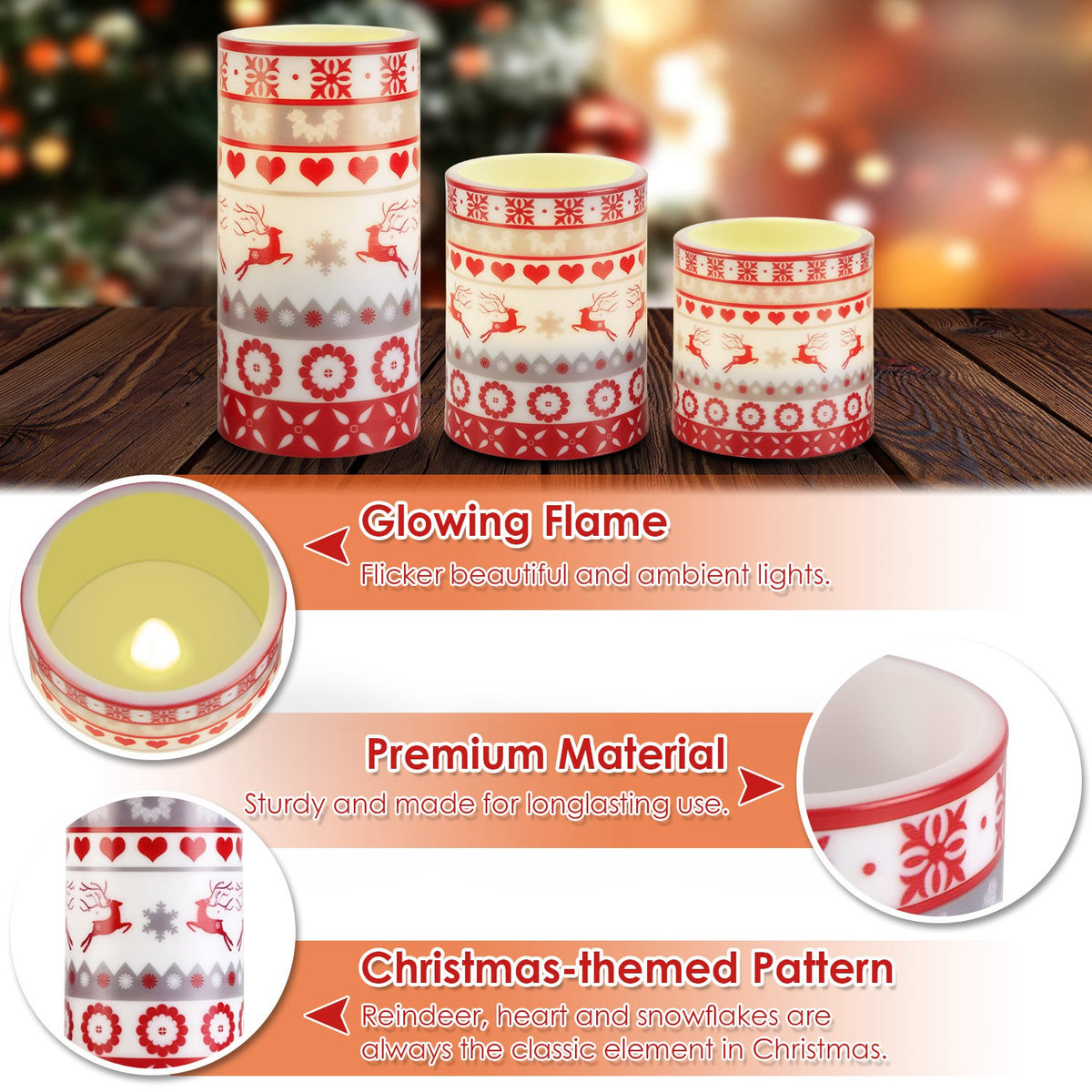Christmas Flameless LED Pillar Candles with Remote, Set of 3