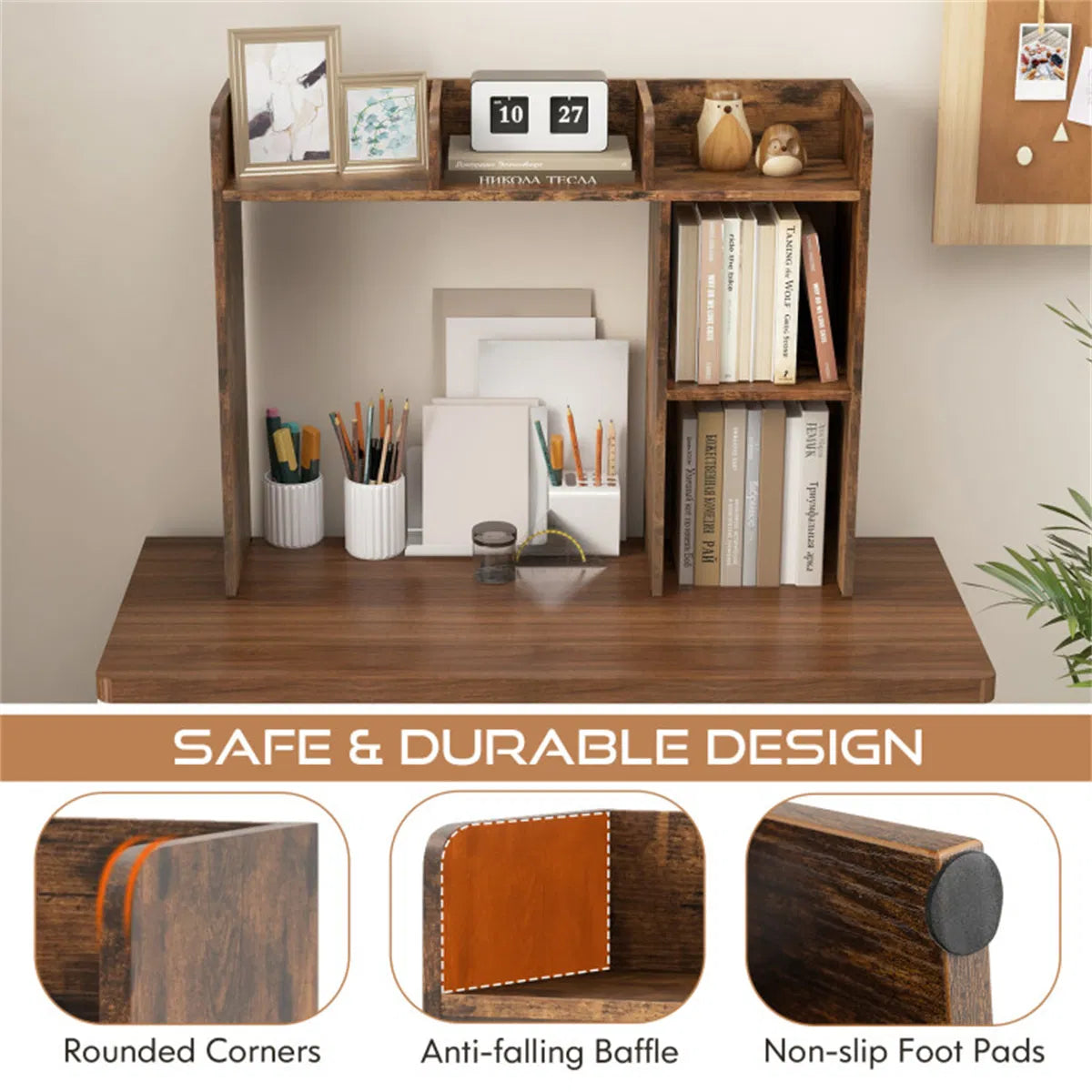 Desktop Bookshelf Desk Hutch for 27 in Monitor, Brown – image 11