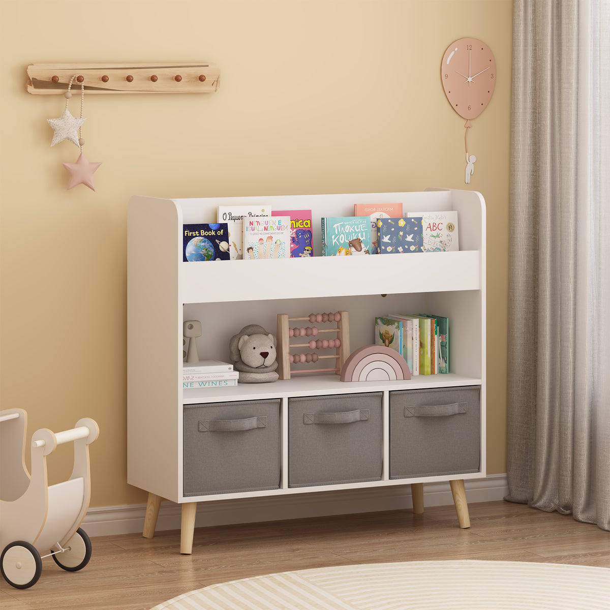 Nursery Bookcase with 3 Fabric Storage Bins, White and Gray – image 1