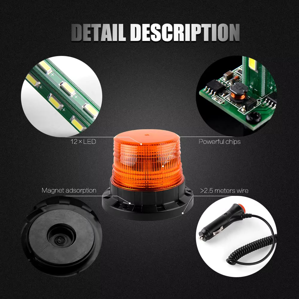 Trucking Amber Magnetic Strobe Beacon Light, 12V/24V Roof Warning – image 4
