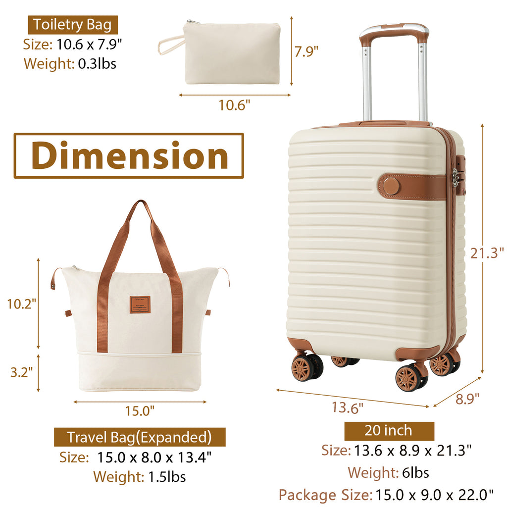 3-Piece Carry-On Luggage Set, 20 in Hardshell Spinner, Cream – image 5
