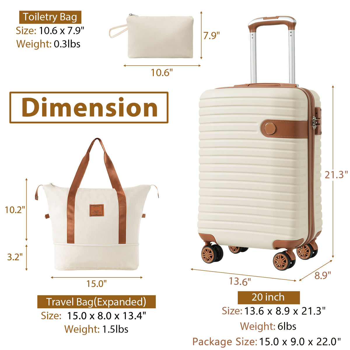 3-Piece Carry-On Luggage Set, 20 in Hardshell Spinner, Cream – image 5