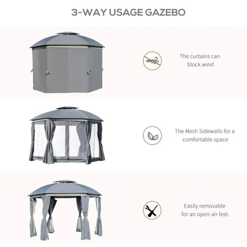 12 ft Round Dome Gazebo with Double Roof, Netting and Curtains – image 3