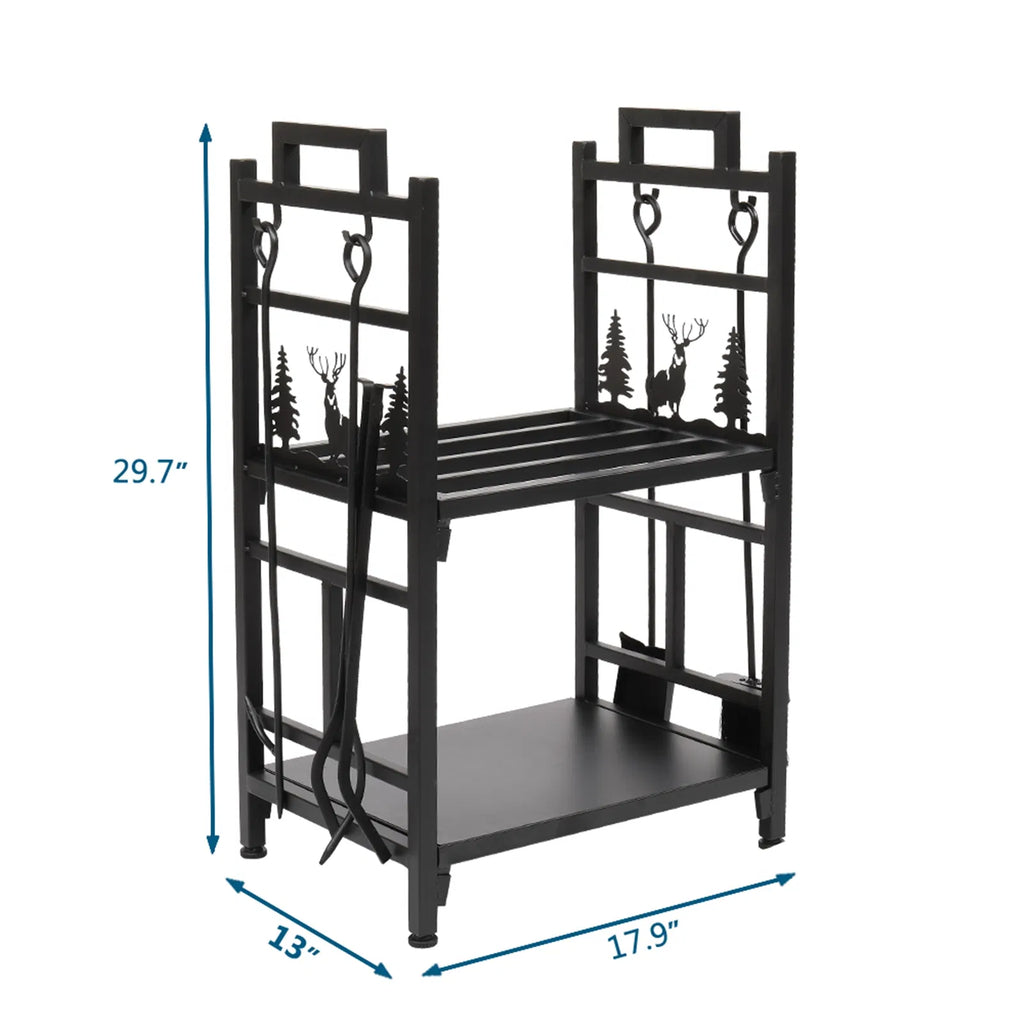 2-Tier Firewood Log Holder with 4 Fireplace Tools, Steel Log Rack – image 7