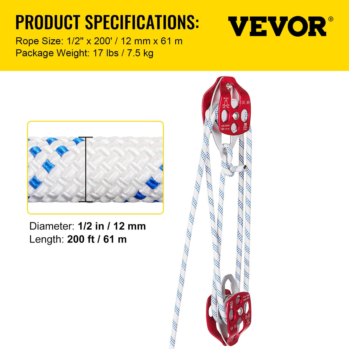 Twin Sheave Block and Tackle with 200 ft Braided Rope, 7700 lb – image 4