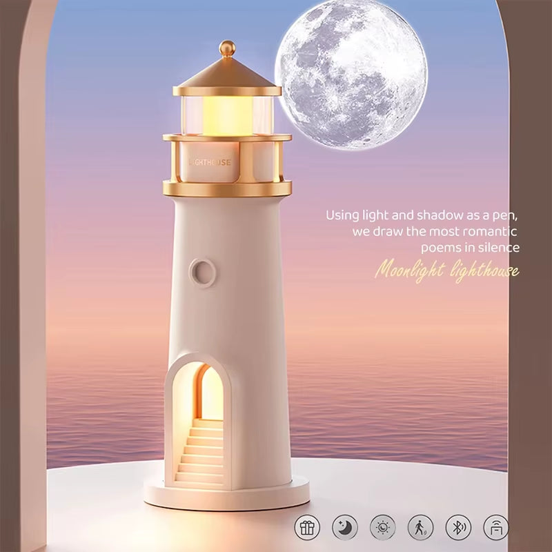 Lighthouse Moon Projection Lamp - Bluetooth Speaker Night Light with Remote