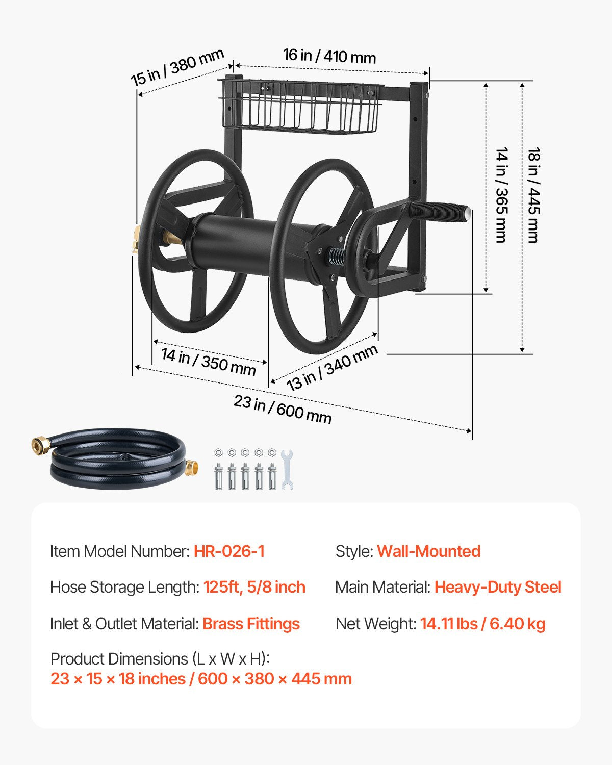Wall Mounted Garden Hose Reel 125 ft with Brass Fitting and Basket – image 4