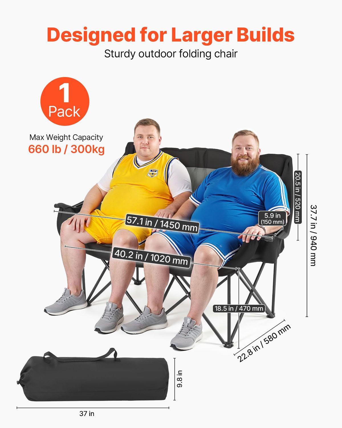 Double Camping Chair Two Person Oversized 660 lb with Cup Holders – image 2