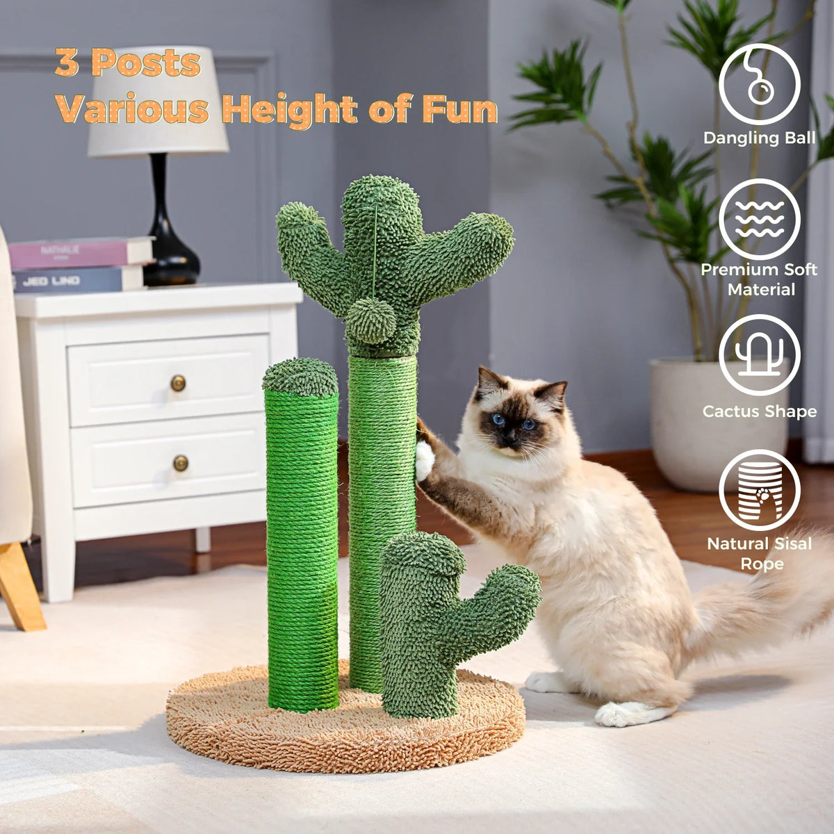 Cactus Cat Scratching Post – 3 Poles with Dangling Ball – image 2