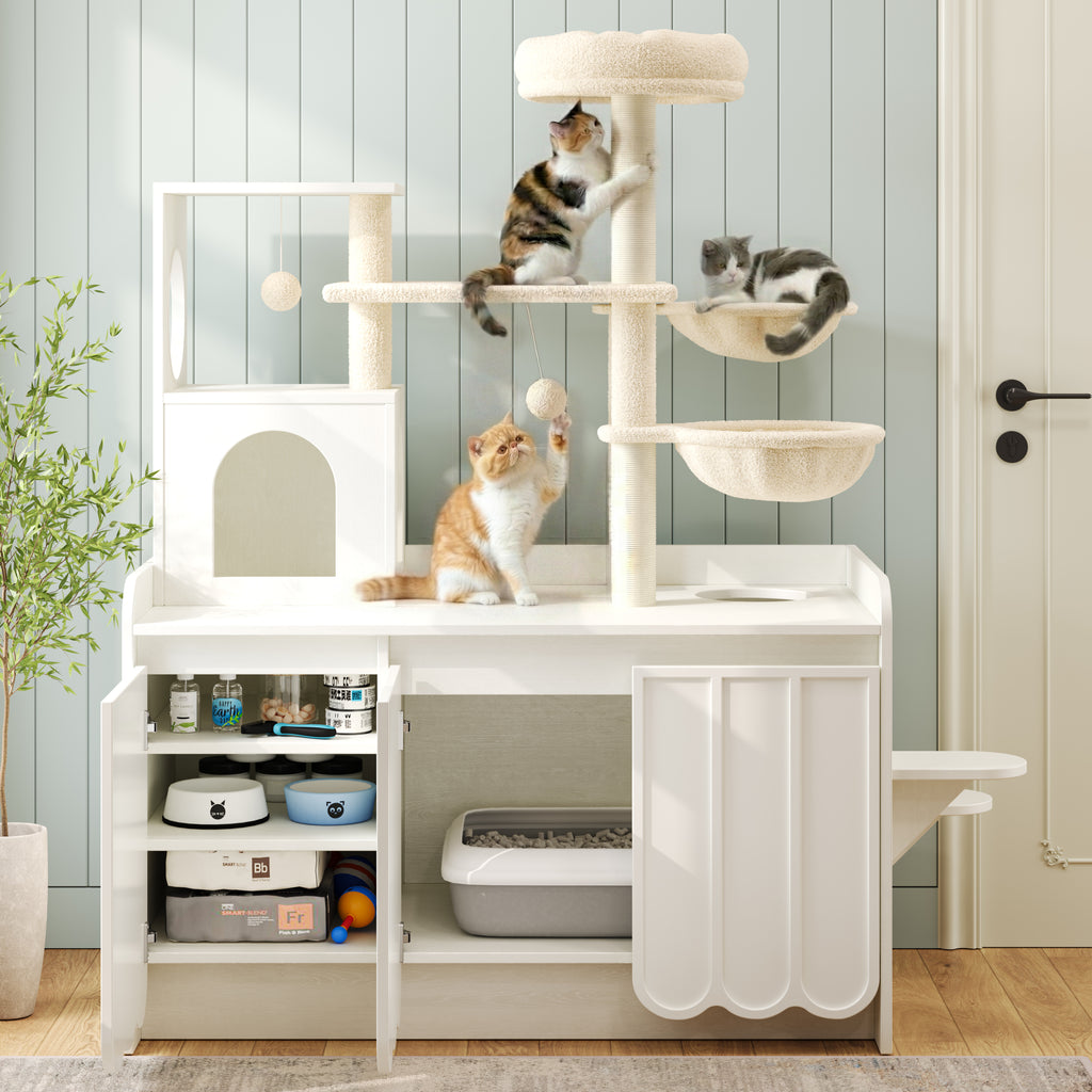 Cat Tree with Litter Box Enclosure, All-in-One Cat Condo, White – image 2