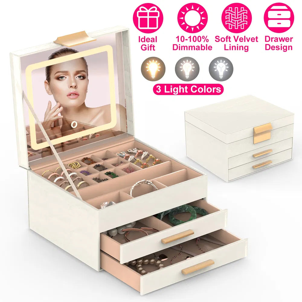 Jewelry Box with LED Mirror, 3-Layer Organizer with 2 Drawers