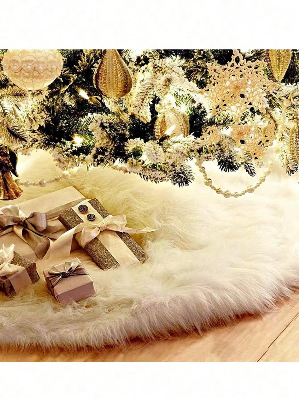 Christmas Tree Skirt - White Fluffy Plush 30-48in – image 3