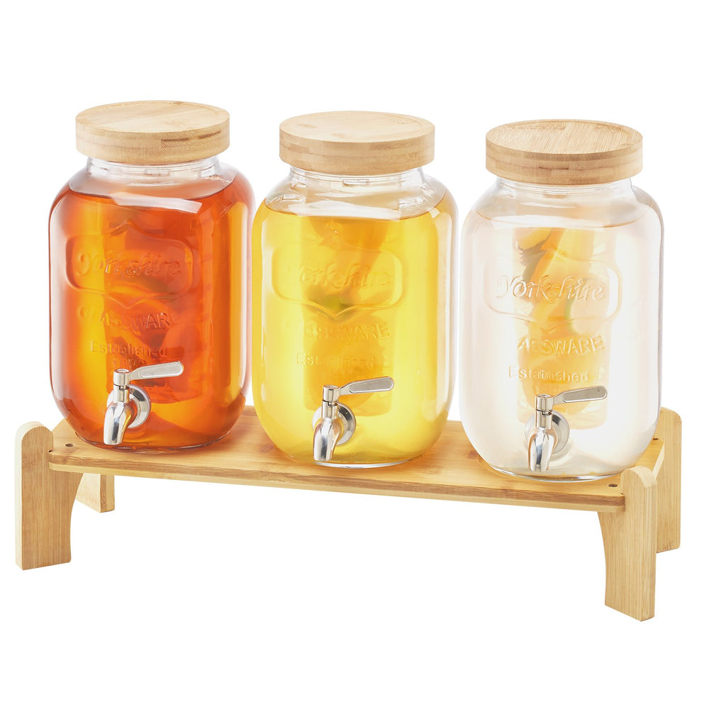 Triple Glass Drink Dispenser Set With Wood Stand, 3 x 1 Gallon – image 1