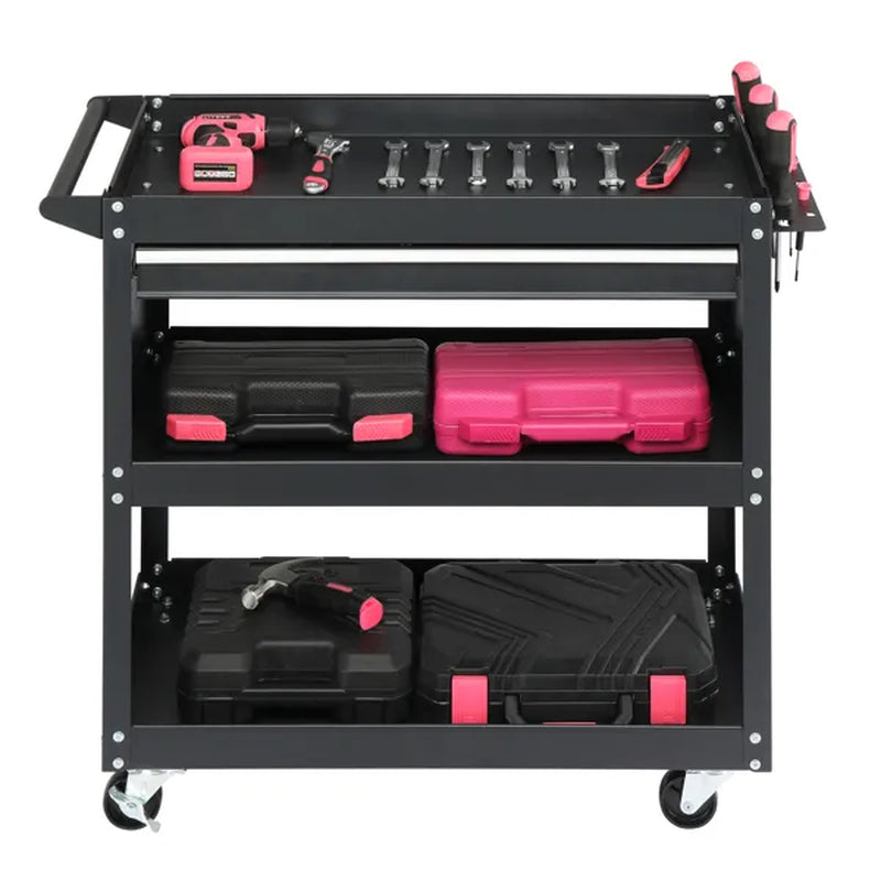 Welding Shop 3-Tier Rolling Tool Cart with Pegboard & Drawer
