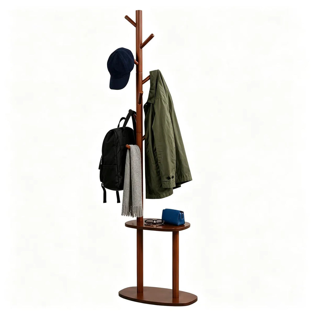 Rubber Wood Coat Tree with 8 Staggered Hooks and 2 Shelves – image 1