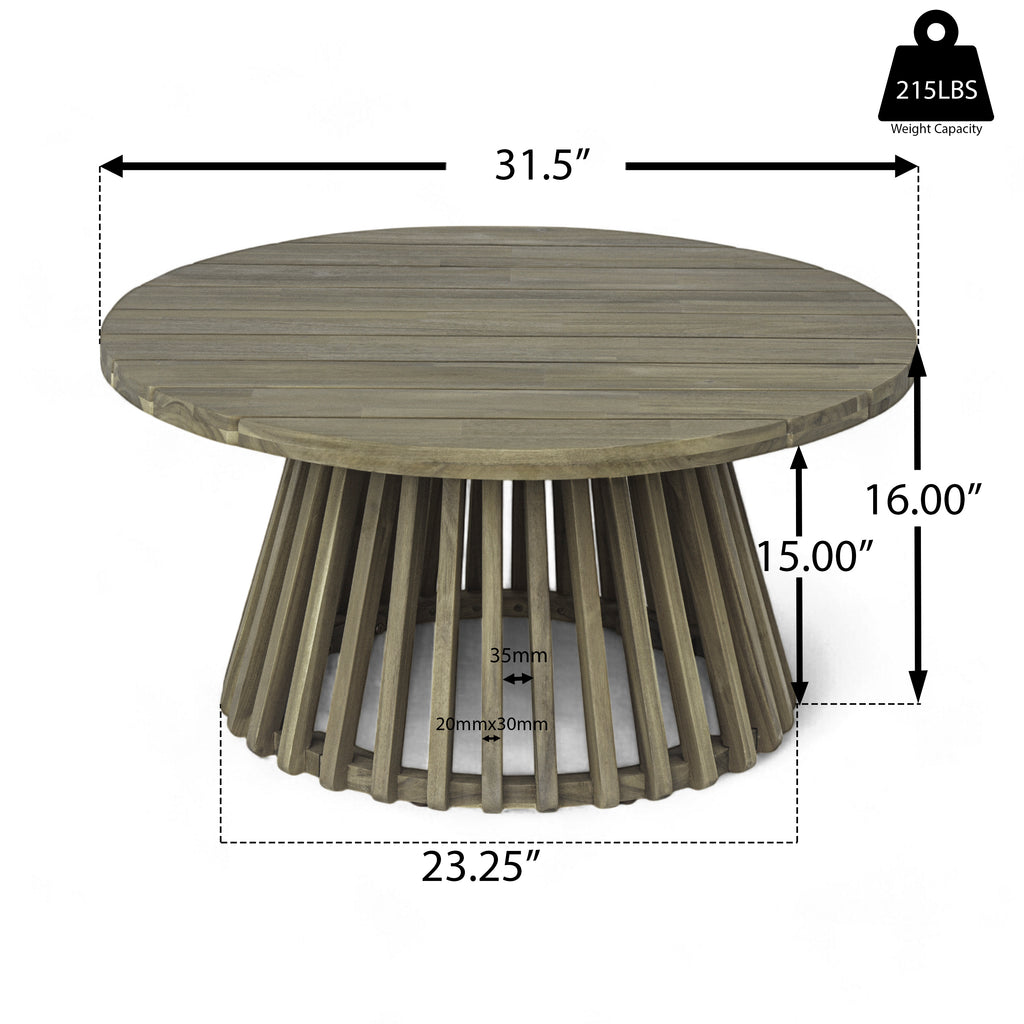 Outdoor Acacia Wood Round Coffee Table, 31.5 in, Grey Finish – image 2