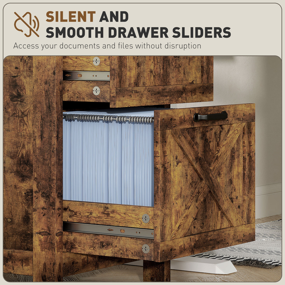 Rustic Farmhouse 3-Drawer Vertical File Cabinet, Barn Door Style – image 7