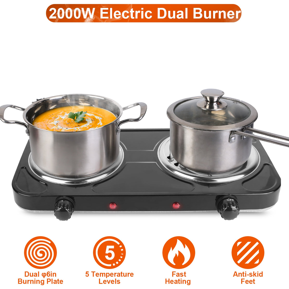 Electric Double Burner Hot Plate, 2000W Portable Countertop Stove – image 3