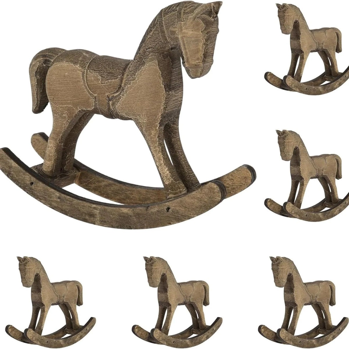 Vintage Wooden Rocking Horse Figurines, Set of 6